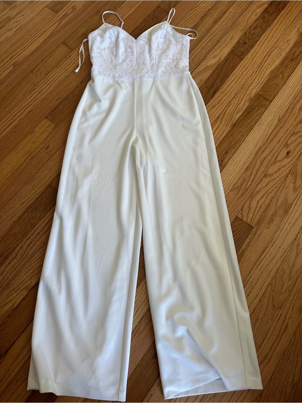 Eliza J White Lace Bodice Wide-Leg Jumpsuit with Spaghetti Straps